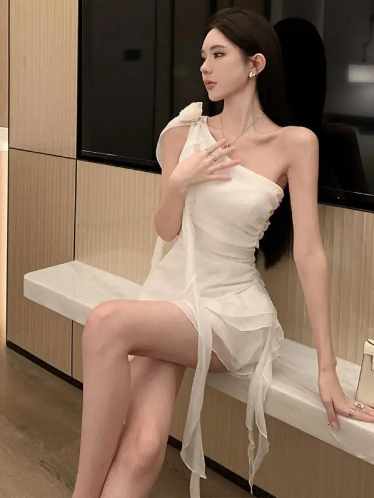 womens summer fashion white sexy club long sleeved backless ultra-thin pleated mini dress with sloping shoulders elegant party skirt 240930