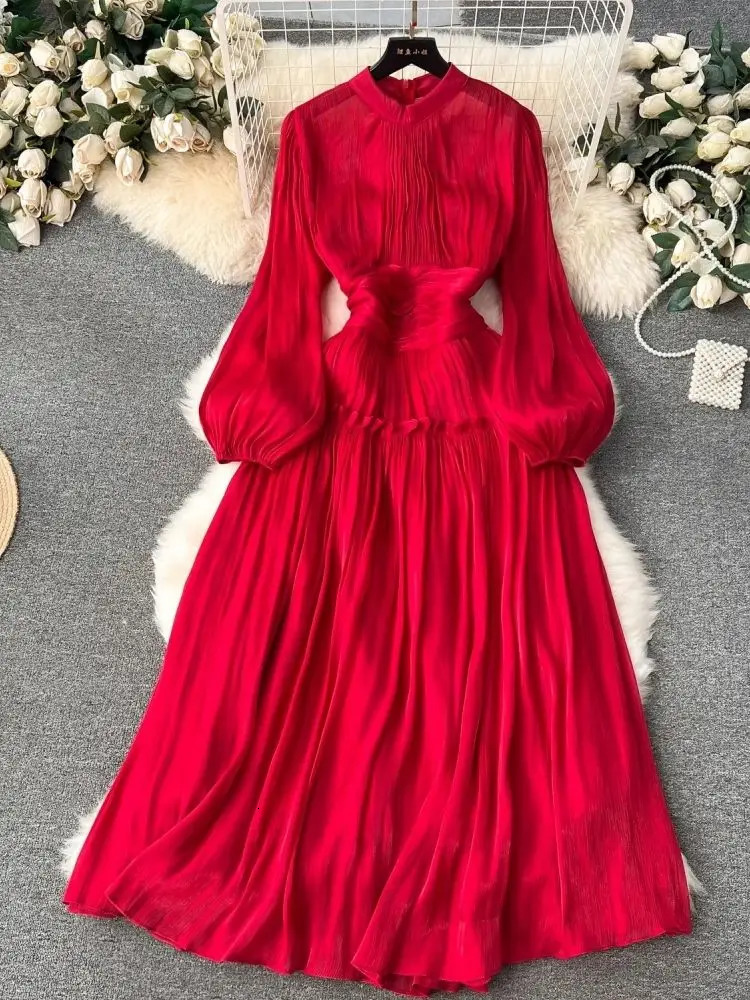 French Folds Wedding Formal Occasion Dresses For Womens Stand Puff Sleeve Chic A-Line Pleated Shine Robe Clothes Holiday 240929