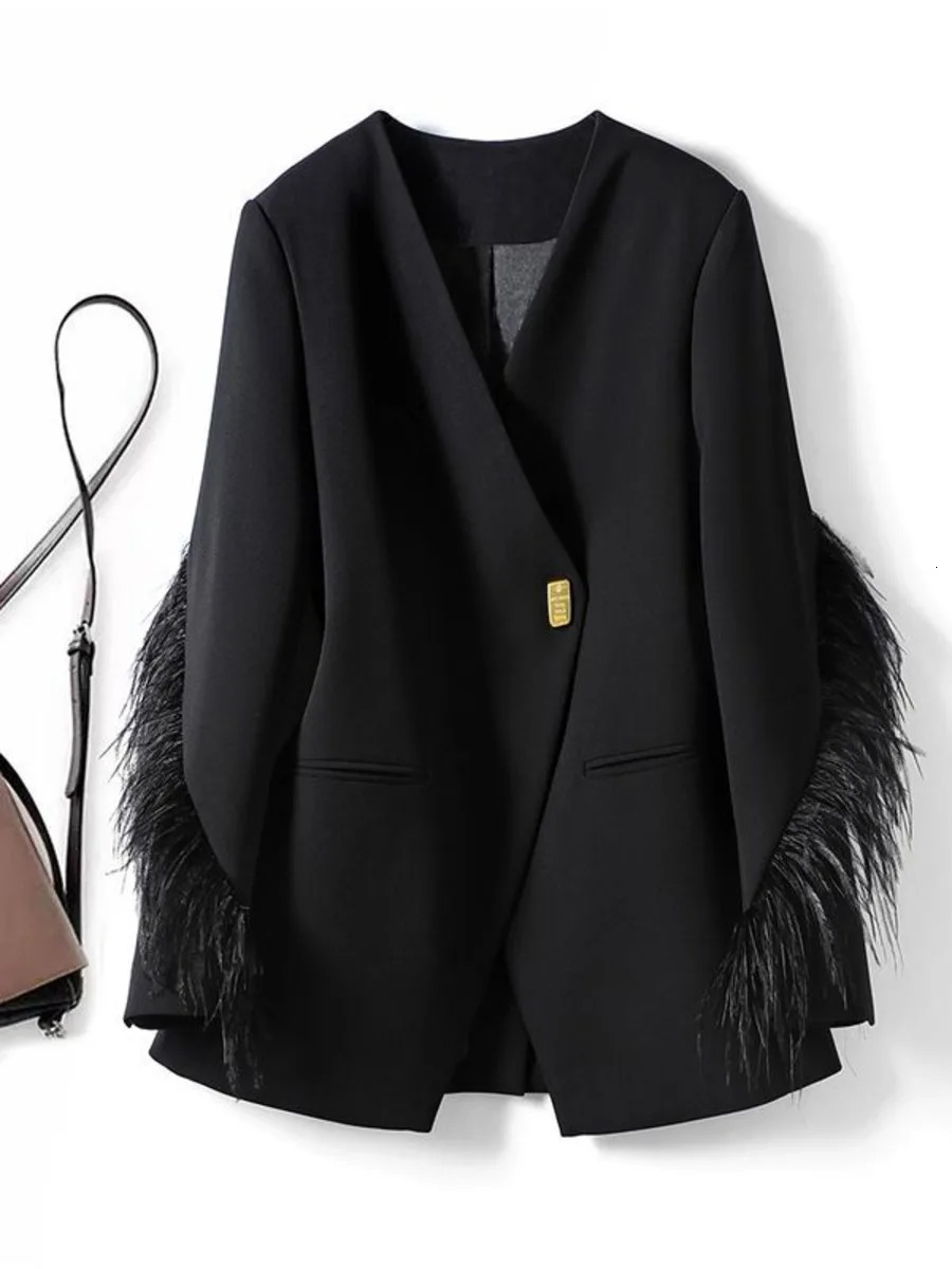 Woman Vintage V-collar Feather Tassel Stitching Blazer Coat Black Loose Suit Jacket Female Long Sleeve Fur Patchwork Outerwear 240920