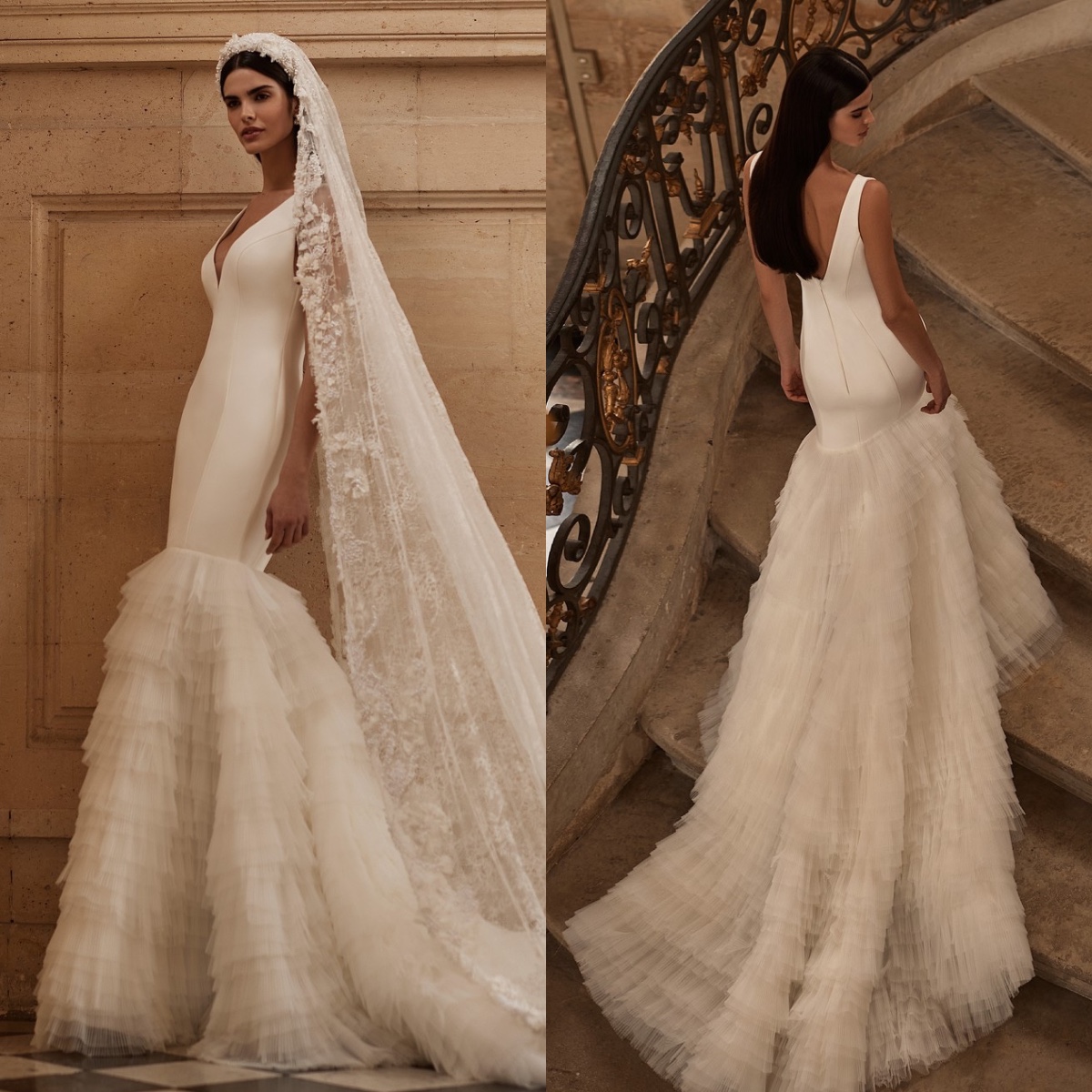 Milla Nova satin mermaid dresses bridal gowns v neck wedding dress ruched tulle skirt backless vestidos de novia