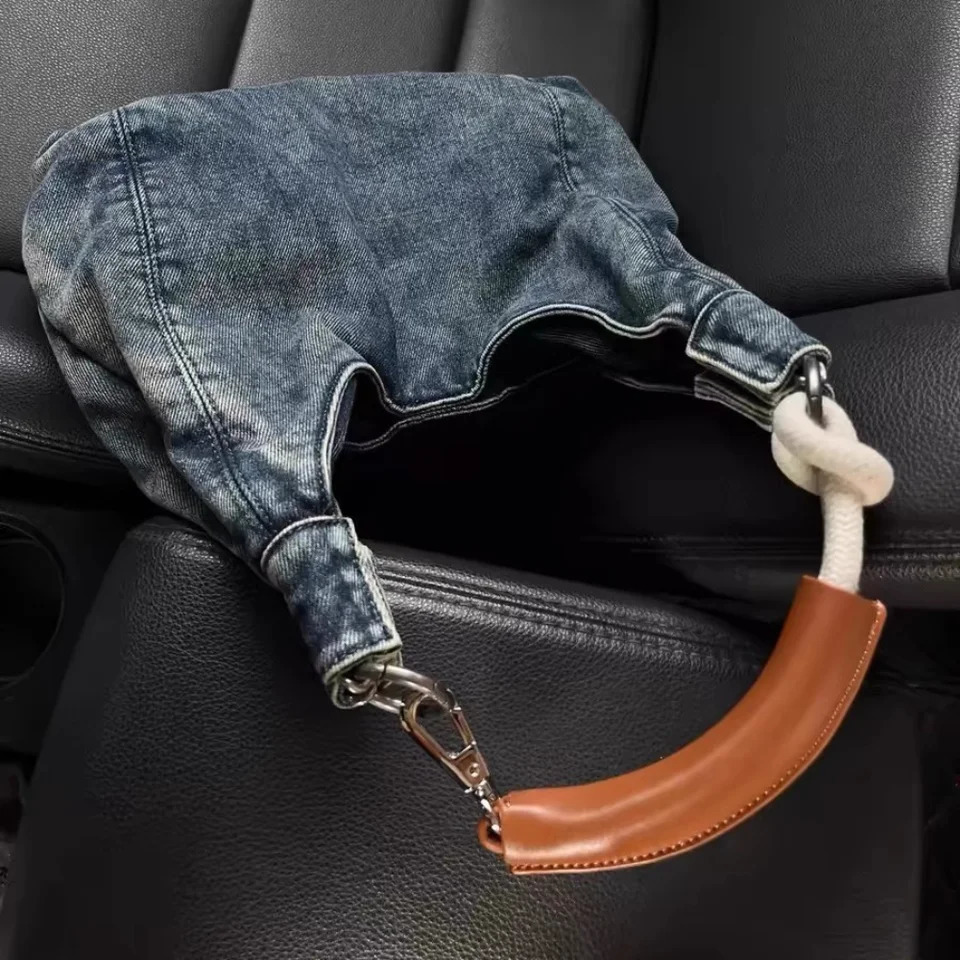 retro denim shoulder womens leather handle underwear high-end casual handbag fashionable spicy girl homeless bag 240929 0fe2