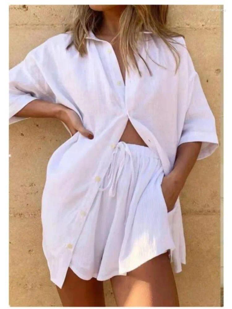 Women's Tracksuits Loose Shirt Two Piece Sets 2024 Women White Clothes Set Half Sleeve V- Neck Button-up Drawstring Shorts For