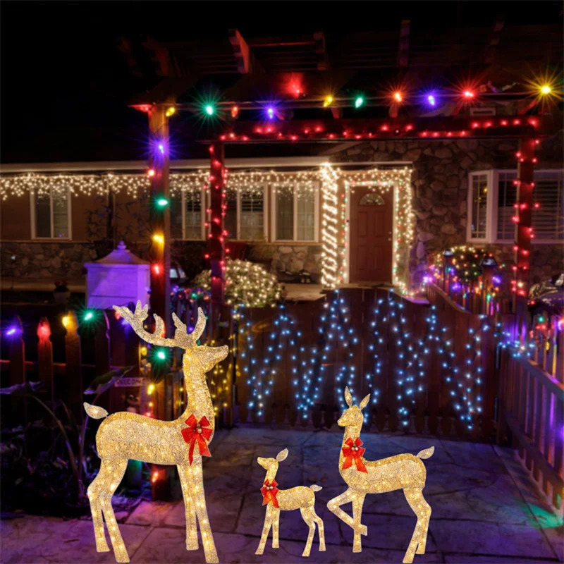 3 pieces of wrought iron garden LED lights emitting reindeer Christmas home outdoor courtyard decoration 240929