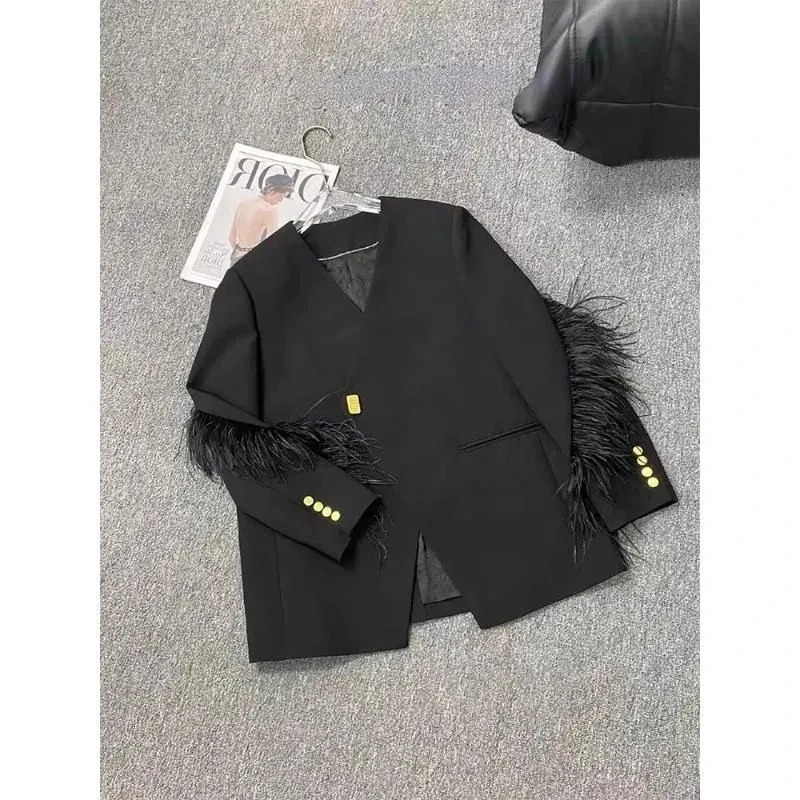 Woman Vintage V-collar Feather Tassel Stitching Blazer Coat Black Loose Suit Jacket Female Long Sleeve Fur Patchwork Outerwear 240920