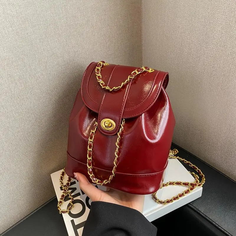 Autumn/Winter Mini Chain Backpack Womens Ins Student Oil Wax Leather Shoulder Travel Bag Black Rucack 240927 318c 4