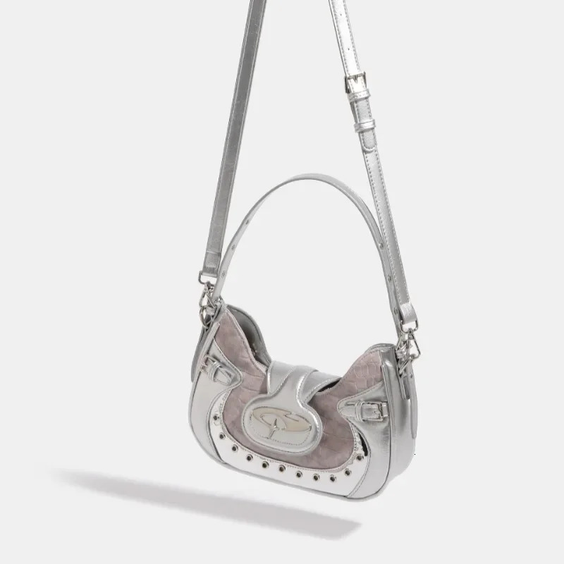 MBTI Y2k Womens Shoulder Bag Gothic Silver Patchwork Harajuku Fashion Handbag Niche Casual Cool Female Motorcycle Bag 240926