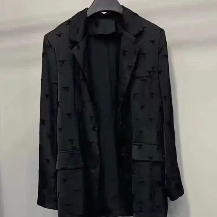 Women logo letter flocking print loose turn down collar black color designer suit blazer coat SMLXL