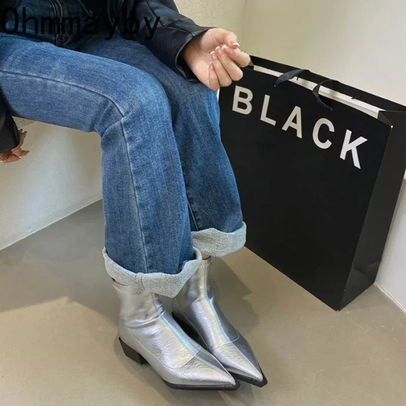 Pointed Toe Women Ankle Boots Fashion Thick Heel Slimming Short Booties Autumn Winter Soft Leather Female Shoes 240927 741a