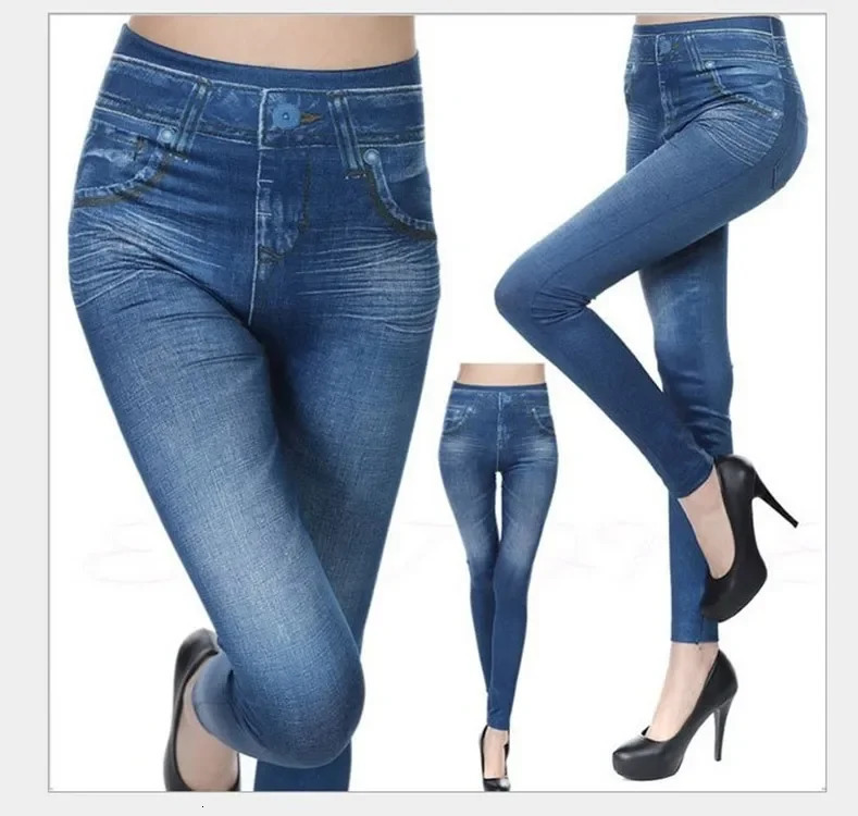 Legging Fashion Faux Denim Jeans Leggings Sexy Long Pocket Printing Summer Casual Pencil Black Pants Plus 240924