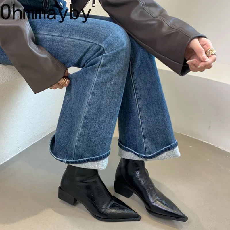 Pointed Toe Women Ankle Boots Fashion Thick Heel Slimming Short Booties Autumn Winter Soft Leather Female Shoes 240927 741a