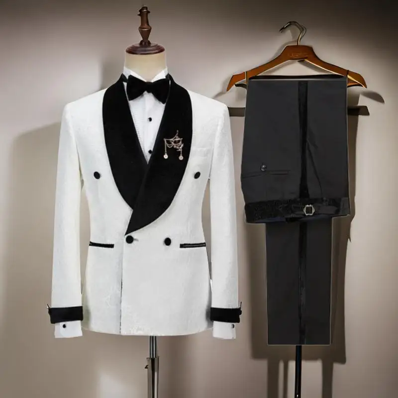 Double Breasted Floral Suits for Men Wedding 2024 Black Velvet Shawl Lapel Groom Tuxedo Tailor made Suit Jacket with Pants