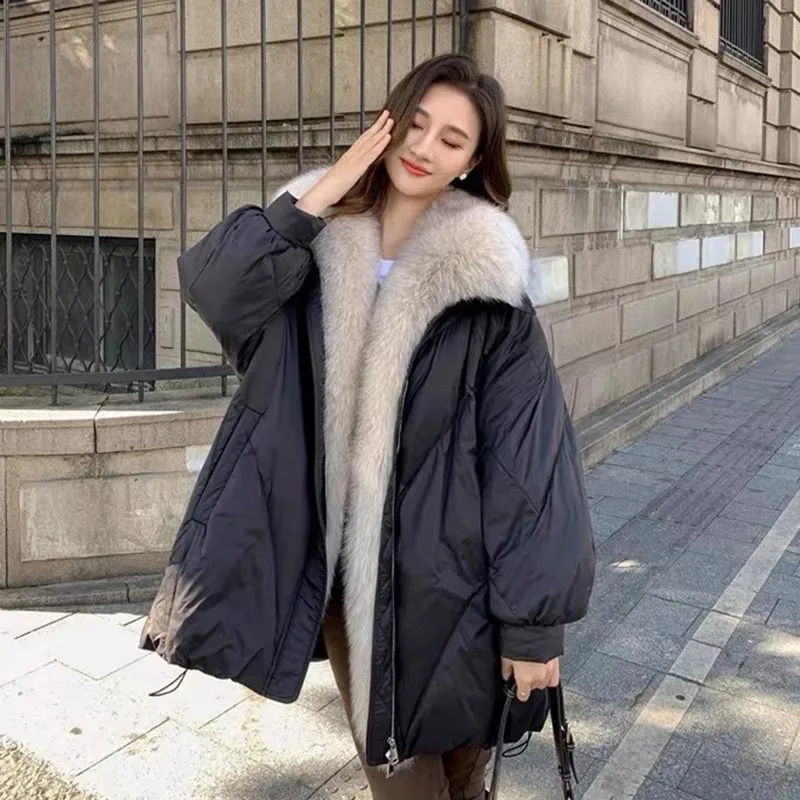 Womens Down Jacket Coat Fox Fur Collar Fashion Park Thickened Warm Medium Length Winter Coat Womens 240926