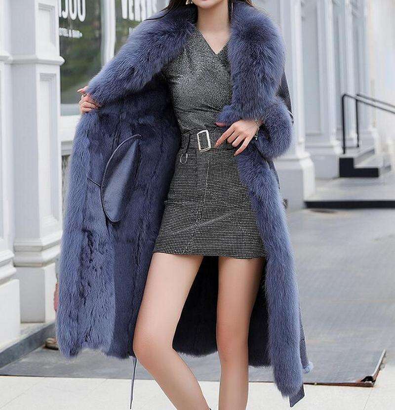 2021 New Real Double Face Rabbit Fur Coat Women's Mid-Length Winter Close-Fitting Leather Fox Fur Collar Cuffs Fur Garments