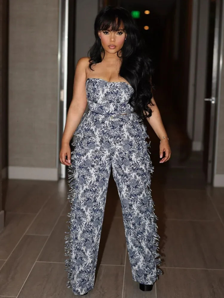 Floral print twopiece womens suit Y2K birthday party strapless crop top and side fringed wide leg pants 240929