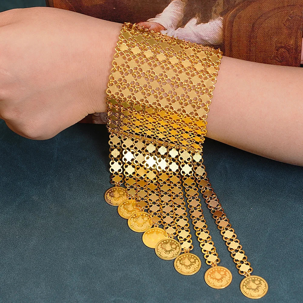 Coin Tassles Gold Plated Jewelry Bracelet Turkish Arabic Birdal Cuff Bracelet Ethnic Women Gifts Bijoux De Luxe Femme 240921