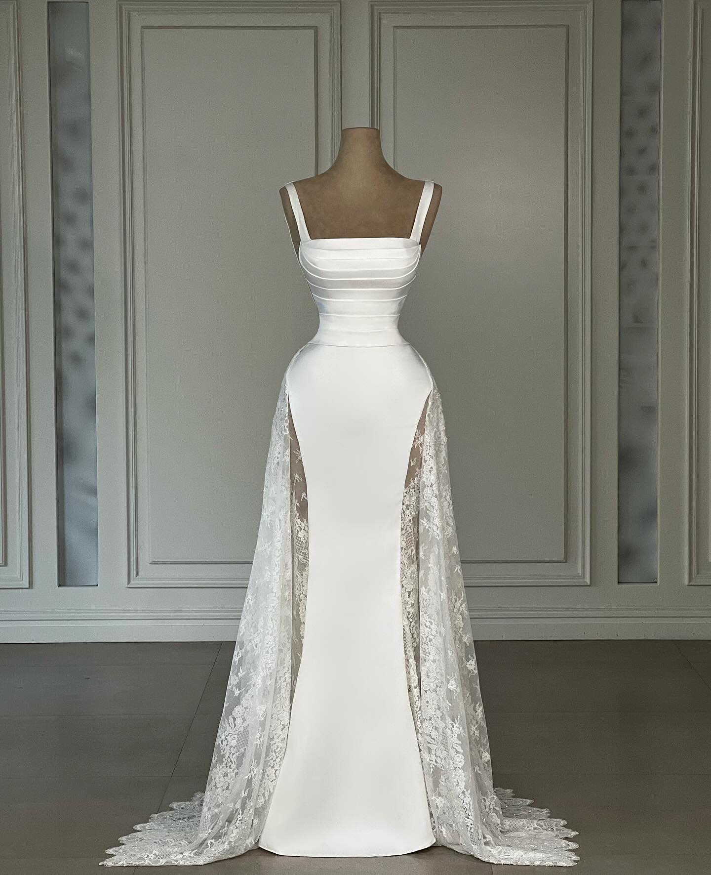 Gorgeous lace satin mermaid dresses bridal gowns overskirts straps pleats bodice wedding dress plus size backless vestidos de novia