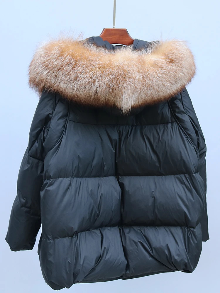 winter womens natural fox fur collar thick jacket hooded duck down jacket jacket womens loose fit 240926