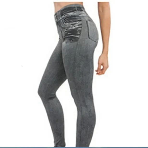 Legging Fashion Faux Denim Jeans Leggings Sexy Long Pocket Printing Summer Casual Pencil Black Pants Plus 240924