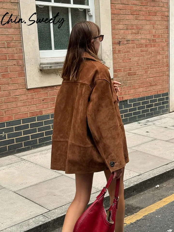Retro brown suede womens streetwear loose single chest pocket long sleeved womens jacket autumn winter womens jacket 240925