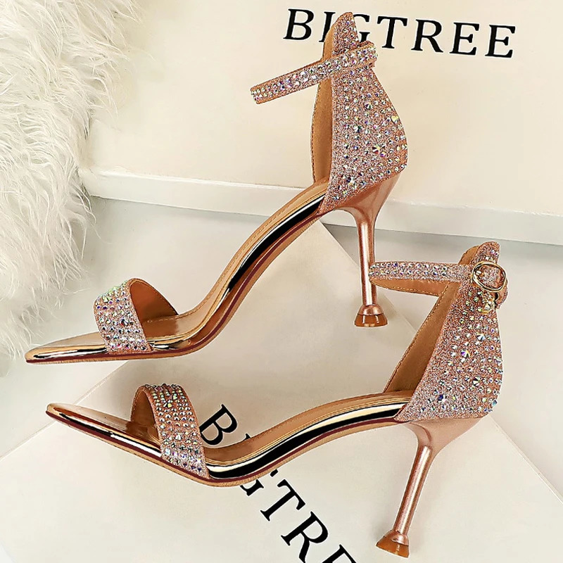 BIGTREE shoes Rhinestone high heels womens pump sexy kitten high heels party shoes open toe womens sandals slim high heels wedding shoes 240925