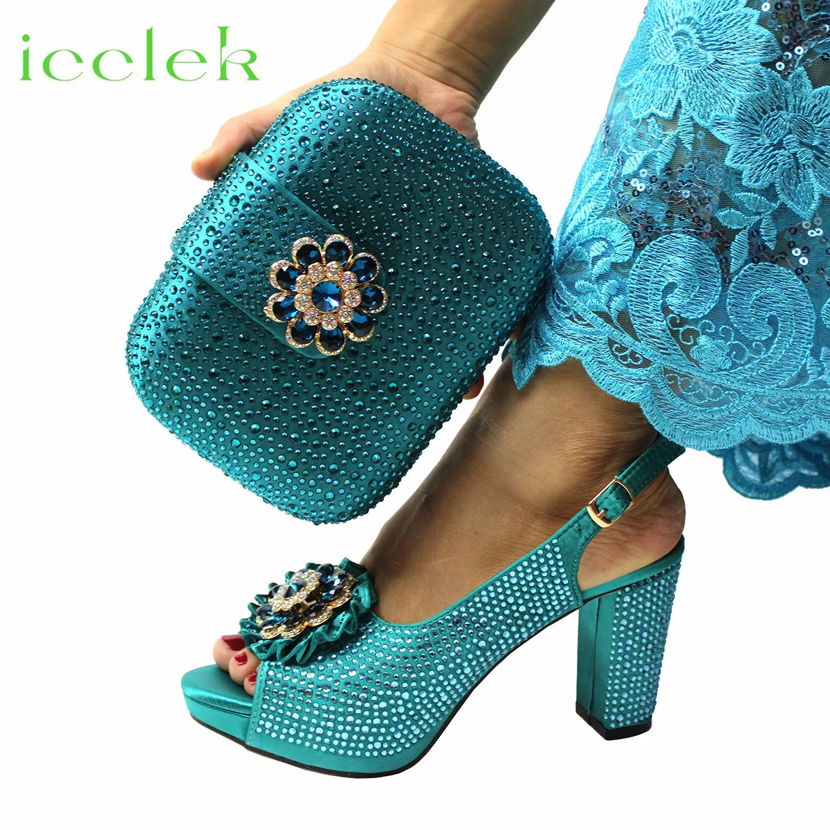 Teal Italian Summer Rhie Party Nigeria Womens Heels Fashion High Quality Wedding Shoes and Bag Set 240
