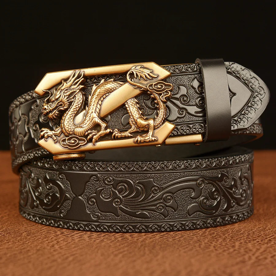 BOKADIAO Mens Genuine Belt Golden Dragon Metal Automatic Buckle Cowboy Belt Mens Jeans Belt Mens Belt 240925