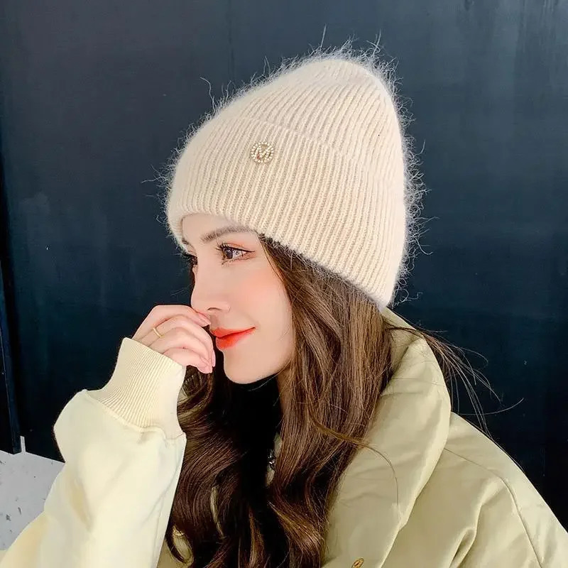 Womens wool winter hat thick cotton lining beanie hat gorilla rabbit skin womens hat Skulls solid cashmere womens hat 240924