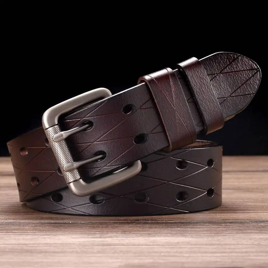 Mens leather double wishbone belt classic pin buckle belt universal hollow waist belt width 3.8cm 240925