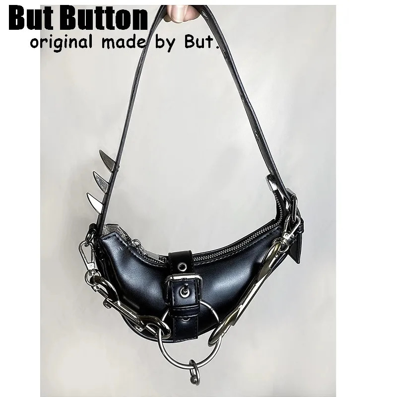 Y2k girl Harajuku Rivet spike Gothic One Shoulder Handbag Womens Punk Tote Dark Punk Rock Japanese Heavy Industry Ring Bag 240926