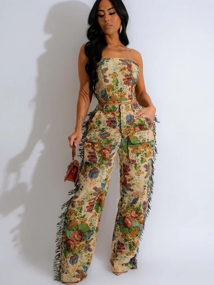 Floral print twopiece womens suit Y2K birthday party strapless crop top and side fringed wide leg pants 240929
