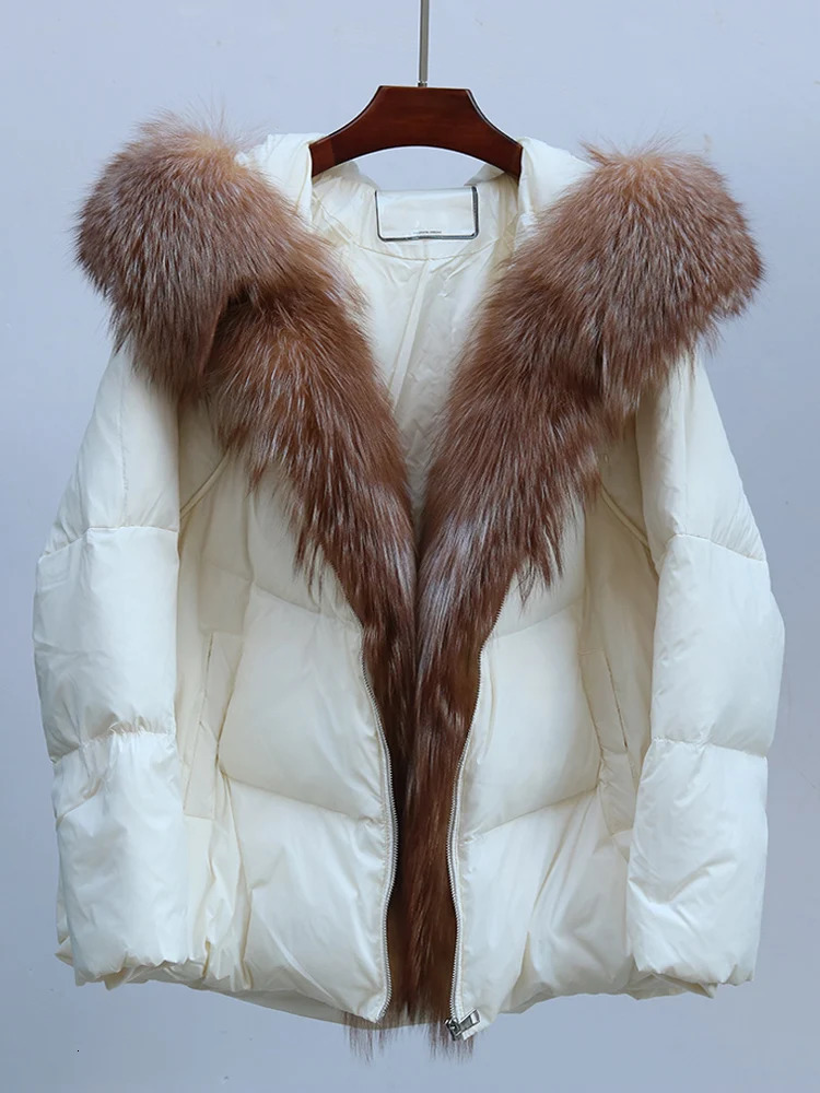 winter womens natural fox fur collar thick jacket hooded duck down jacket jacket womens loose fit 240926