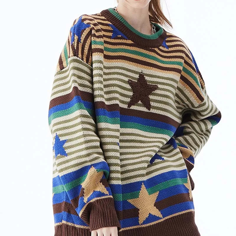 Harajuku retro striped sweater mens star shaped pleated ultra-fine knitted sweater autumn and winter street clothing couple set unisex 240930