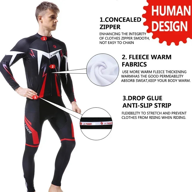 X-Tiger Winter Cycling Jerseys Set Long Sleeve Thermal Fleece Bicycle Clothing Keep Warm Bike Wear Suit Sportswear 240930