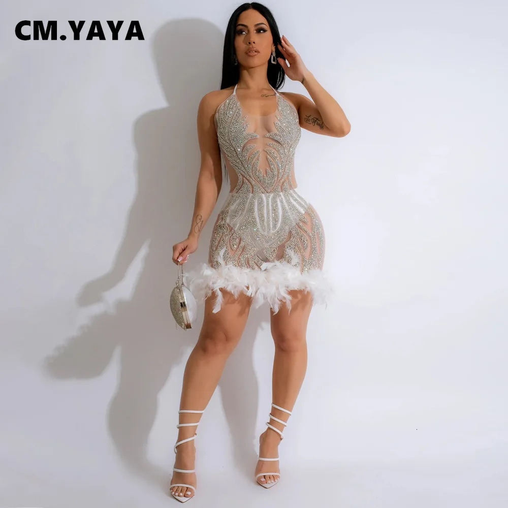 CM.YAYA Womens Sequeined See Through Feather Strap INS Bodycon Mini Dress Summer Sexy Night Party Club Ball Dress 240930