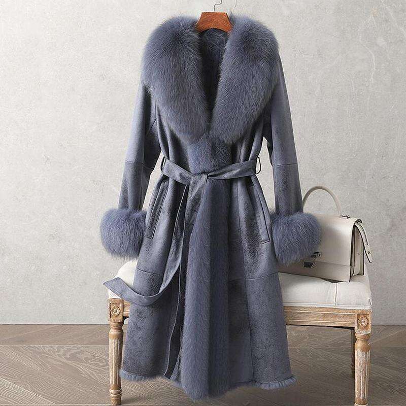 2021 New Real Double Face Rabbit Fur Coat Women's Mid-Length Winter Close-Fitting Leather Fox Fur Collar Cuffs Fur Garments