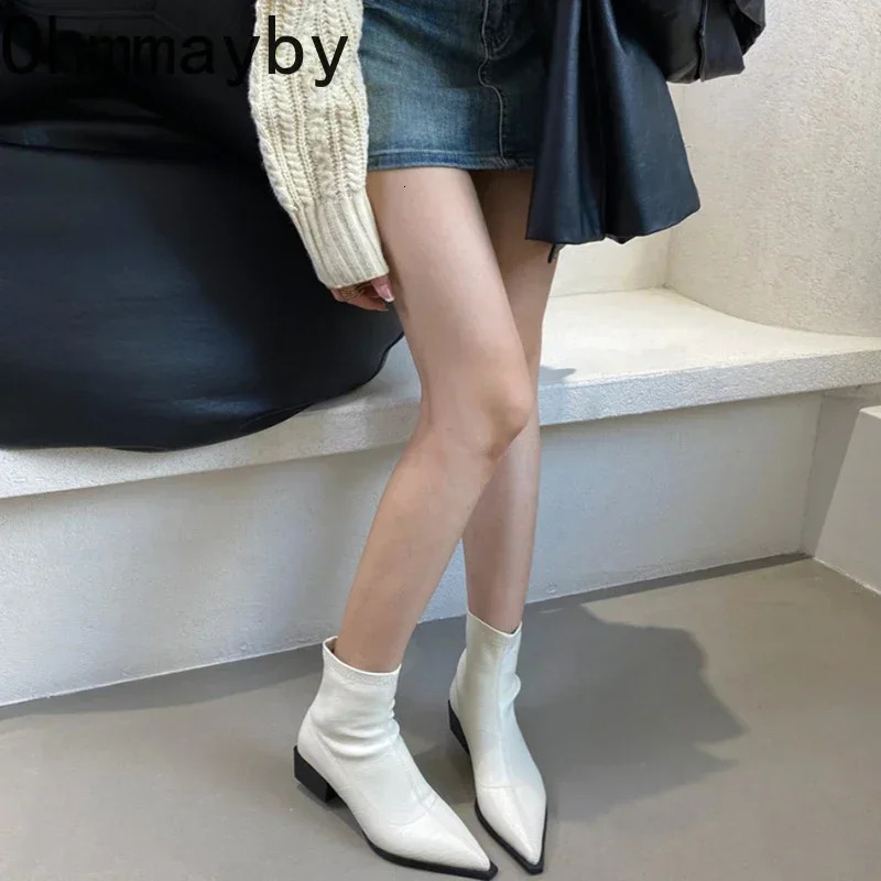 Pointed Toe Women Ankle Boots Fashion Thick Heel Slimming Short Booties Autumn Winter Soft Leather Female Shoes 240927 741a