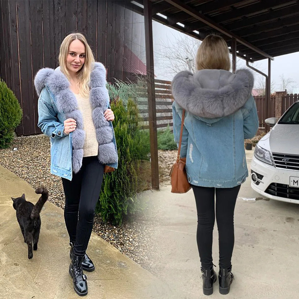 Natural Rabbit Fur Ed Denim Jacket For Women: Stay Warm In Style B3