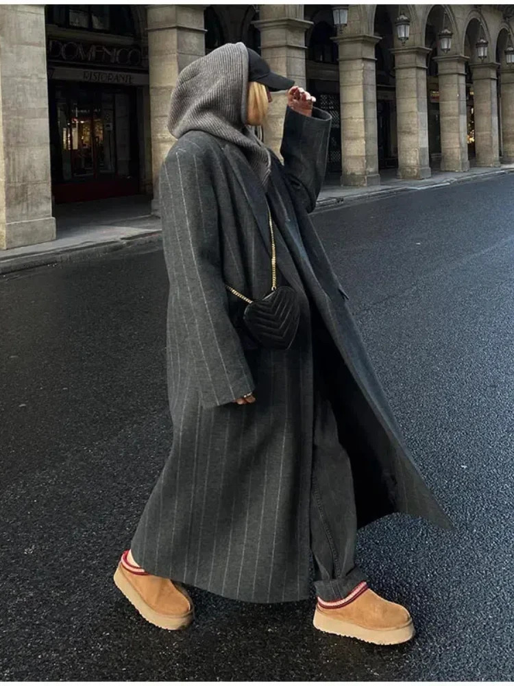 Casual Striped Woolen Long Coat Women Vintage Loose Lapel Single Button Coats With Pockets Female Autumn Chic Overcoat 240927