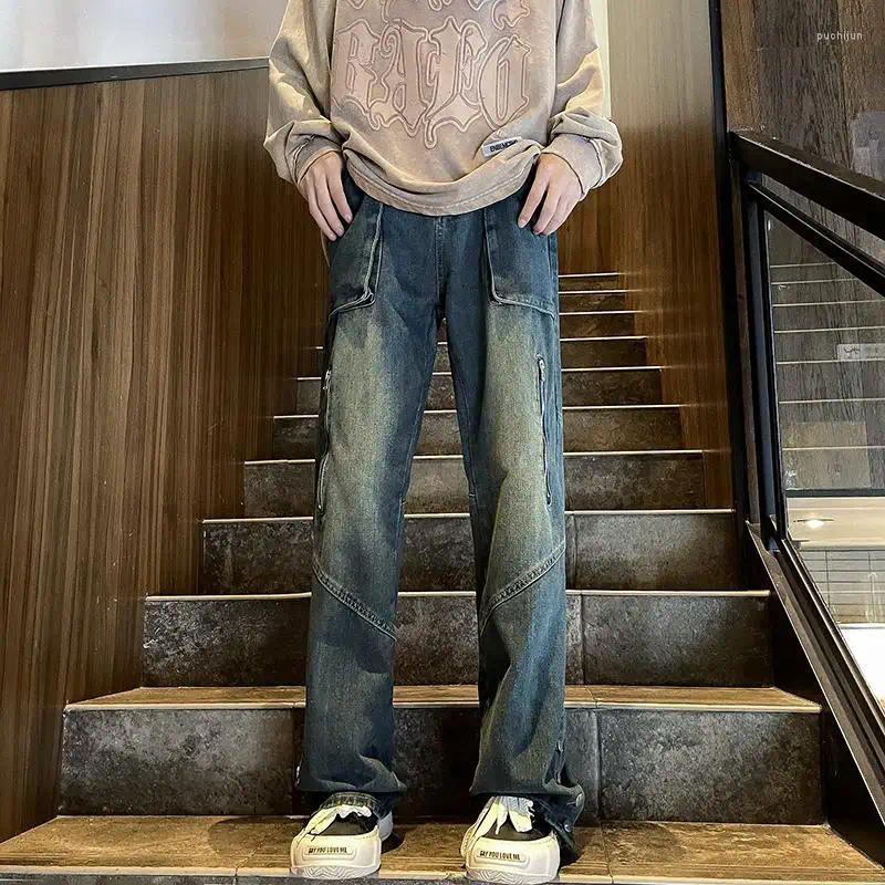 2025 S Fashion Designer Men S Jeans High Street Washed Hip Hop Streetwear Straight Leg Denim Jean Trendy Solid Color Trousers Haruku Male Bottoms