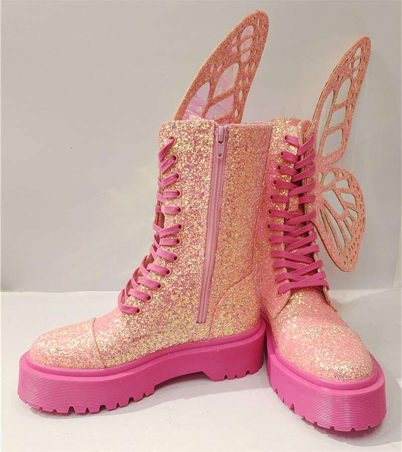 Butterfly Wings Women Ankle Boots Pink Riding Combat Boot Ladies Flat Rubber Botas Mujer Thick Sole Platform Shoes
