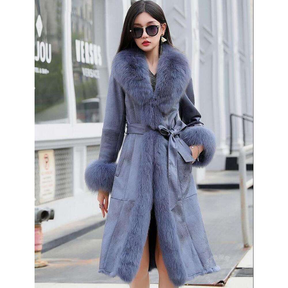 2021 New Real Double Face Rabbit Fur Coat Women's Mid-Length Winter Close-Fitting Leather Fox Fur Collar Cuffs Fur Garments