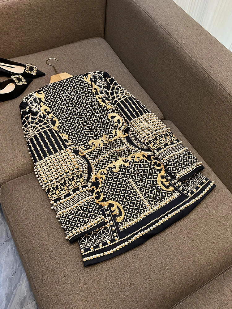 Fine Workmanship Beads Women Coat Retro Printed V-neckline Hidden Snap Ladys Fall Winter Blazer 240920