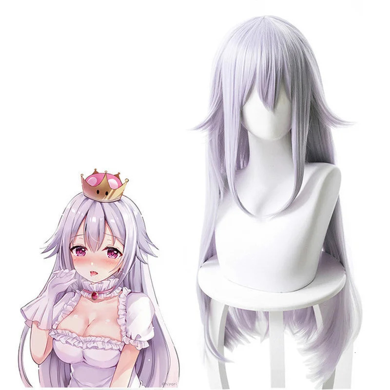 Booette King Boo cosplay costume princess Koopa white dress with gloves Lolita Halloween carnival long silver straight wig 240930