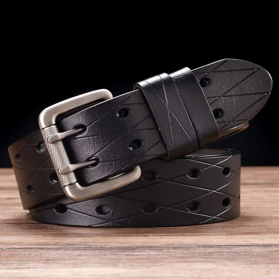 Mens leather double wishbone belt classic pin buckle belt universal hollow waist belt width 3.8cm 240925
