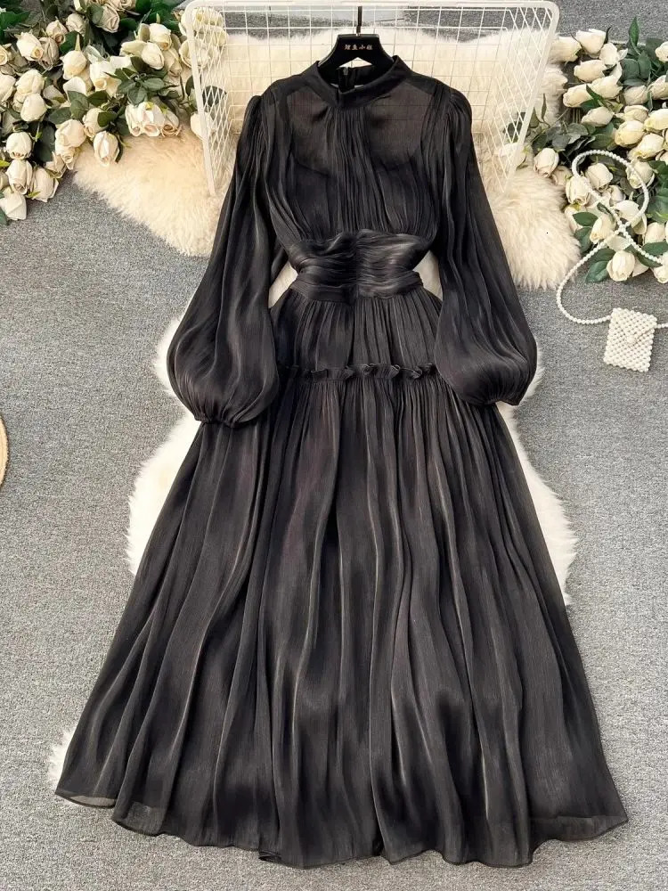 French Folds Wedding Formal Occasion Dresses For Womens Stand Puff Sleeve Chic A-Line Pleated Shine Robe Clothes Holiday 240929
