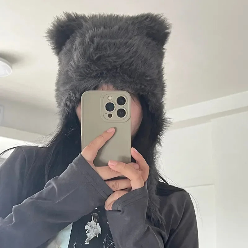 Autumn and winter soft plush cute cat ear sweet zipper womens hat Korean casual shopping ear protection with bean hat 240924