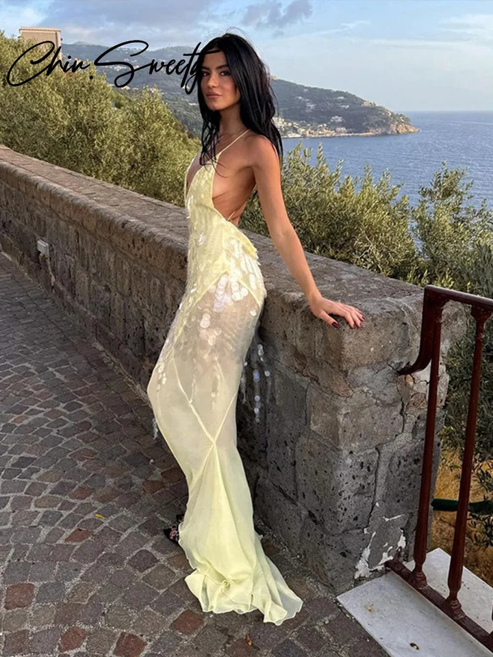 Sequin camisole womens evening dress sexy patch work sleeve backless deep V-neck womens party dress happy womens dress 240930