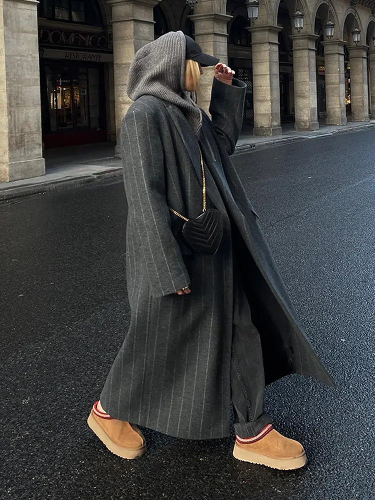 Fashion Dark Grey Stripe Lapel Double Breasted Overcoat Women Full Sleeve Loose Long Coat Autumn Winter Lady Commute Jacket 240927