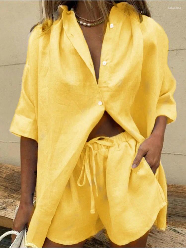Women's Tracksuits Loose Shirt Two Piece Sets 2024 Women White Clothes Set Half Sleeve V- Neck Button-up Drawstring Shorts For