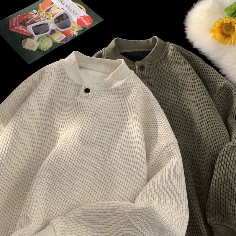 Winter Solid Color Mens Sweater Retro Lazy Style Pulling Flower Knitted Mens Loose Lace Sweater 240930